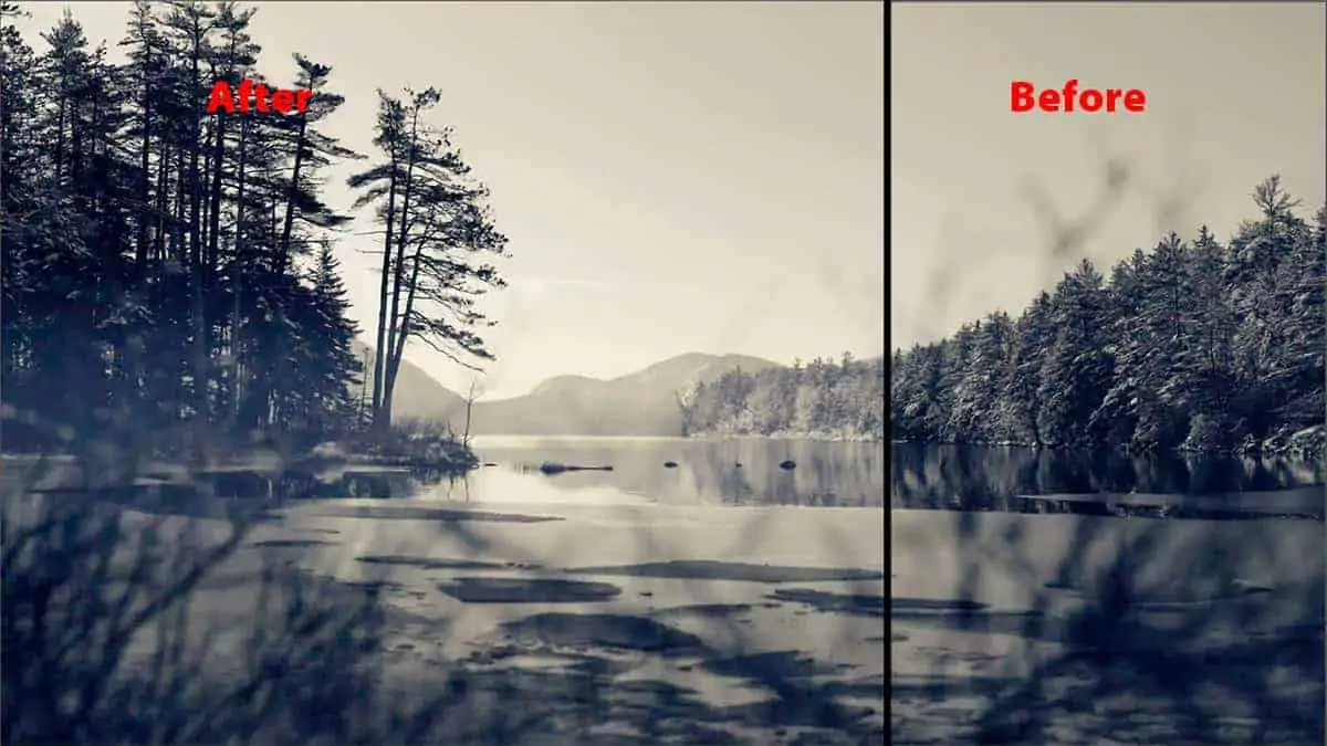 Before and after of adding fog to a landscape image in Photoshop
