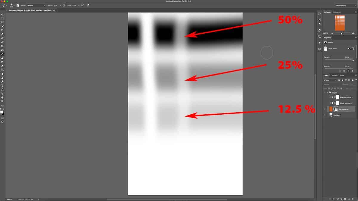 How different opacity levels affect brush tool on a layer mask