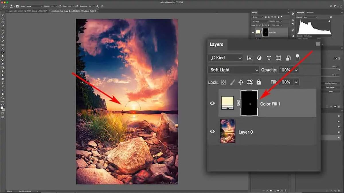 Adding a solid color fill layer for a sun glow in Photoshop