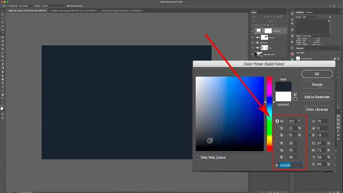 Selecting a dark blue color fill for burning in Photoshop.