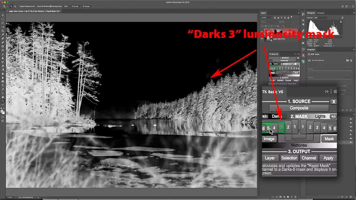 A Darks 3 luminosity mask selects the darker shadows