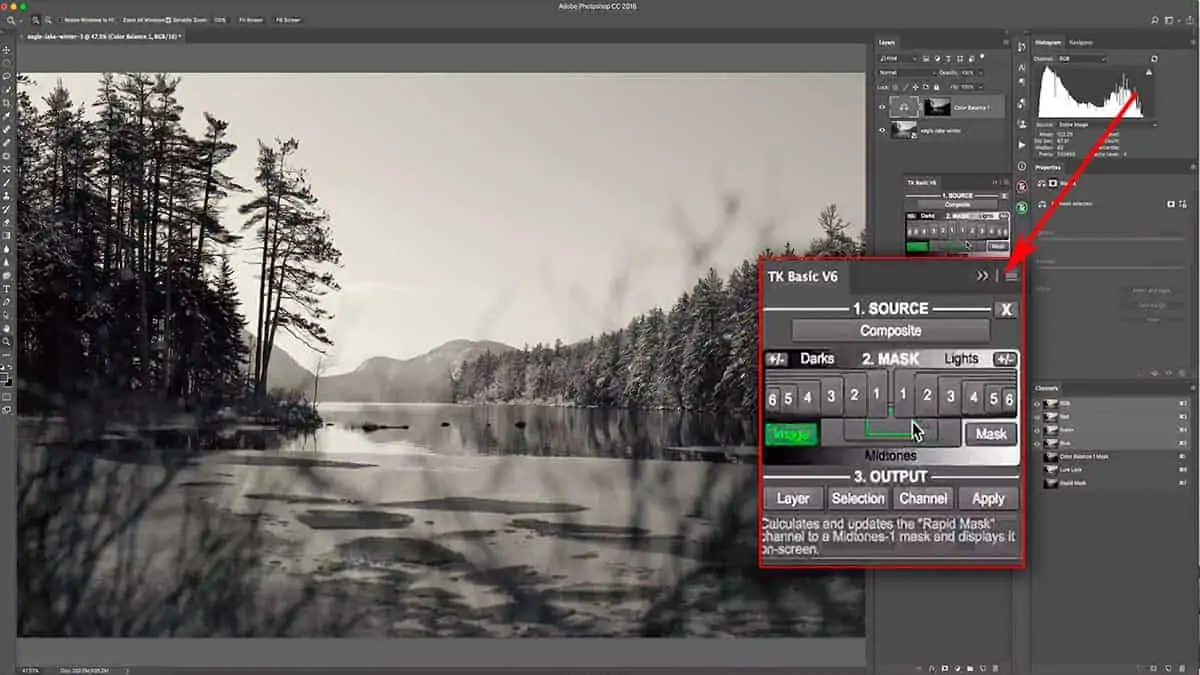 The TK Basic Panel creates luminosity masks for free