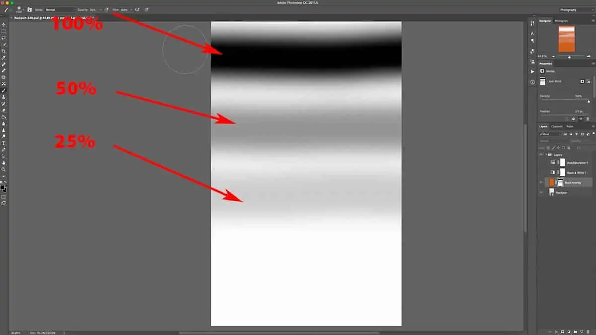 Grey brush into a layer mask in Photoshop