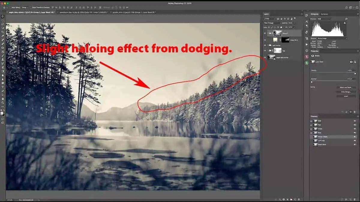 Halos from dodging with the brush tool in Photoshop