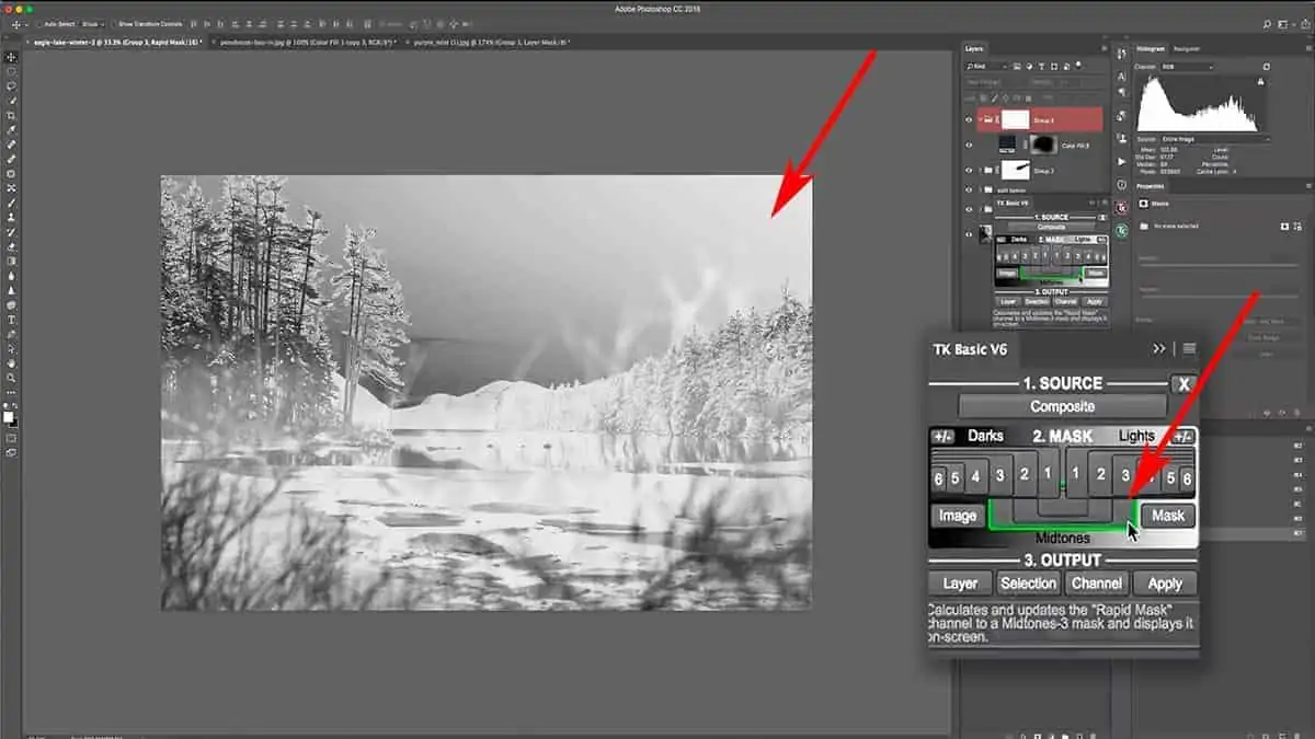 Adding a midtone luminosity mask to control burning in Photoshop.