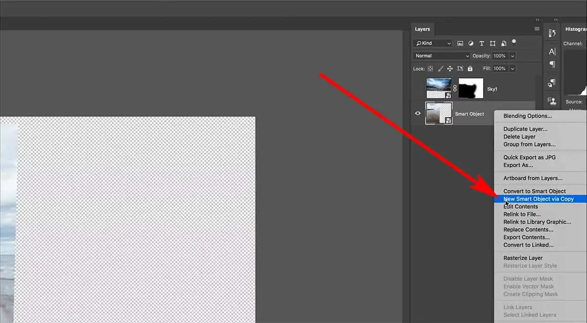 New smart object via copy in Photoshop